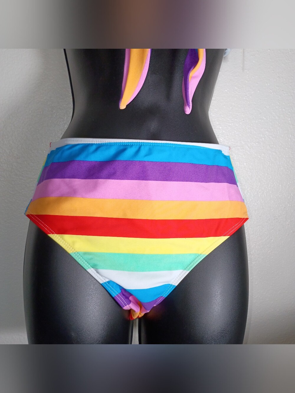 Bright Rainbow Striped Tie-Front High Waist Full Bikini Bottom Set- Size Small - Picture 5 of 11